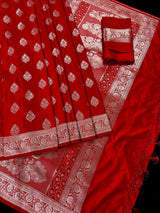 Bright Red Banarasi saree in mashru silk with silver zari weaving on mashru — Kaash Collection