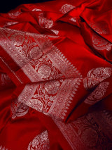 Bright Red Banarasi saree in mashru silk with silver zari weaving on mashru — Kaash Collection