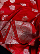 Bright Red Banarasi saree in mashru silk with silver zari weaving on mashru — Kaash Collection