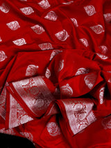 Bright Red Banarasi saree in mashru silk with silver zari weaving on mashru — Kaash Collection
