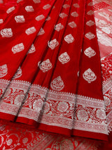 Bright Red Banarasi saree in mashru silk with silver zari weaving on mashru — Kaash Collection