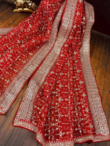 Red soft organza silk dupatta with muted gold zari, embroidery & sequin jaal — Kaash Collection