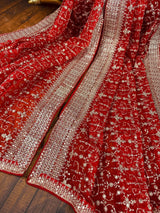 Red soft organza silk dupatta with muted gold zari, embroidery & sequin jaal — Kaash Collection