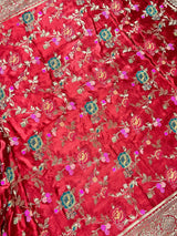 Statement Red Color Pure Satin Silk Saree with Handwoven Floral Meenakari Floral Jaal Weave - Kaash