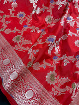 Red Banarasi saree in banarasi soft silk (not pure) with silver zari jaal weave with meenakari — Kaash Collection