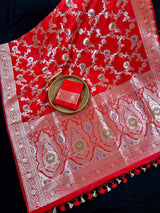 Red Banarasi saree in banarasi soft silk (not pure) with silver zari jaal weave with meenakari — Kaash Collection