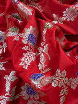 Statement Red Saree with Jaal Weave Banarasi Butter Soft Silk in Sliver Zari with Floral Design with Meenakari - Kaash