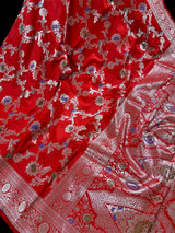 Statement Red Saree with Jaal Weave Banarasi Butter Soft Silk in Sliver Zari with Floral Design with Meenakari - Kaash