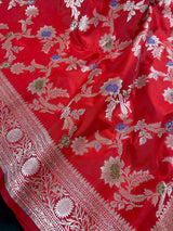 Statement Red Saree with Jaal Weave Banarasi Butter Soft Silk in Sliver Zari with Floral Design with Meenakari - Kaash