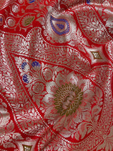 Statement Red Saree with Jaal Weave Banarasi Butter Soft Silk in Sliver Zari with Floral Design with Meenakari - Kaash