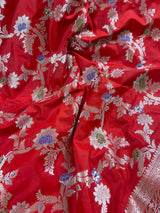 Statement Red Saree with Jaal Weave Banarasi Butter Soft Silk in Sliver Zari with Floral Design with Meenakari - Kaash
