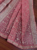 Deep Rose Pink soft organza silk dupatta with muted gold zari, embroidery & sequin — Kaash Collection