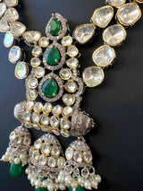 Statement Sabyasachi Inspired Bollywood Victorian Style Necklace Set with Kundan and Emerald Stones - Kaash
