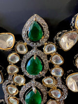 Statement Sabyasachi Inspired Bollywood Victorian Style Necklace Set with Kundan and Emerald Stones | Statement Party Wear Set for Women - Kaash