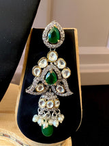 Statement Sabyasachi Inspired Bollywood Victorian Style Necklace Set with Kundan and Emerald Stones | Statement Party Wear Set for Women - Kaash