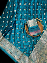 Teal Blue with Black Tanchoi Banarasi saree in mashru silk with black tanchoi weave with silver zari — Kaash Collection