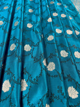 Teal Blue with Black Tanchoi Banarasi saree in mashru silk with black tanchoi weave with silver zari — Kaash Collection