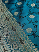 Teal Blue with Black Tanchoi Banarasi saree in mashru silk with black tanchoi weave with silver zari — Kaash Collection