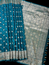 Statement Teal Blue Color Saree with Black Tanchoi Weave and Sliver Zari Banarasi Mashru Silk Saree - Kaash