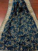 Teal soft organza silk dupatta with muted gold zari, embroidery & sequins — Kaash Collection