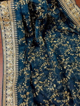 Teal soft organza silk dupatta with muted gold zari, embroidery & sequins — Kaash Collection