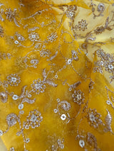 Yellow soft organza silk dupatta with muted gold zari, embroidery & sequin — Kaash Collection