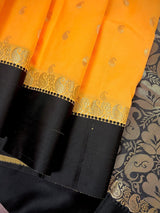 Yellow Banarasi Soft with Black Border saree in banarasi soft silk with buttis with plain black border & ambi pallu — Kaash Collection