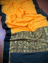Yellow Banarasi Soft with Black Border saree in banarasi soft silk with buttis with plain black border & ambi pallu — Kaash Collection