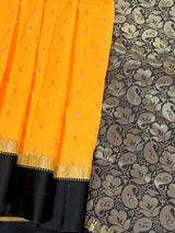 Yellow Banarasi Soft with Black Border saree in banarasi soft silk with buttis with plain black border & ambi pallu — Kaash Collection