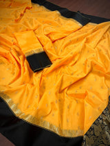 Yellow Banarasi Soft with Black Border saree in banarasi soft silk with buttis with plain black border & ambi pallu — Kaash Collection