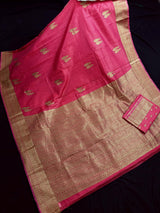 Strawberry Pink Banarasi Linen Cotton Silk Saree with Antique Copper Zari Weave Saree - Kaash