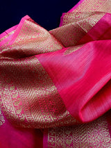 Strawberry Pink Banarasi Linen Cotton Silk Saree with Antique Copper Zari Weave Saree - Kaash