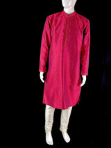 Strawberry Pink Color Soft Raw Silk Men Kurta Pajama Self Design and tiny Zari Weave - Kaash