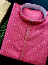 Strawberry Pink Color Soft Raw Silk Men Kurta Pajama Self Design and tiny Zari Weave - Kaash