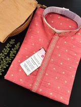 Strawberry Pink Color Soft Silk Men Kurta with Self Design material with small Zari Weave butti - Kaash