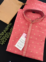 Strawberry Pink Color Soft Silk Men Kurta with Self Design material with small Zari Weave butti - Kaash