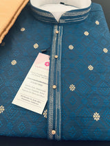Teal Blue men's kurta pajama in soft silk with self-design with gold & silver zari buttis — Kaash Collection