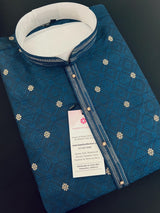 Teal Blue men's kurta pajama in soft silk with self-design with gold & silver zari buttis — Kaash Collection
