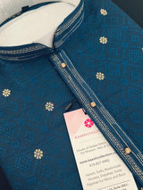 Teal Blue men's kurta pajama in soft silk with self-design with gold & silver zari buttis — Kaash Collection