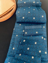 Teal Blue men's kurta pajama in soft silk with self-design with gold & silver zari buttis — Kaash Collection