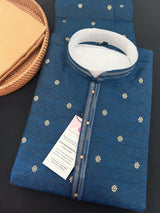 Teal Blue men's kurta pajama in soft silk with self-design with gold & silver zari buttis — Kaash Collection