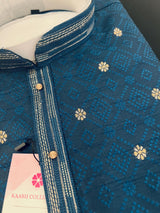 Teal Blue Color Men Kurta Pajama Set with Weave Work | Raw Silk Designer Men Wear | Indian Wedding Wear | Kurta for Indian Ceremony - Kaash