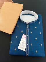 Teal Blue Color Men Kurta Pajama Set with Weave Work | Raw Silk Designer Men Wear | Indian Wedding Wear | Kurta for Indian Ceremony - Kaash