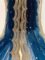 Teal Blue net dupatta with gold zari, sequin & beads — Kaash Collection