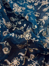 Teal Blue Color Organza Silk Dupatta with Muted Gold Zari, Embroidery and Sequin - Kaash