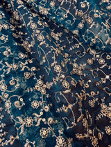 Teal Blue Color Organza Silk Dupatta with Muted Gold Zari, Embroidery and Sequin - Kaash
