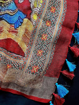 Teal Blue Pure Linen saree in pure linen by linen with radha-krishna pallu with zari border — Kaash Collection
