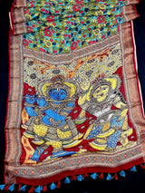 Teal Blue Pure Linen saree in pure linen by linen with radha-krishna pallu with zari border — Kaash Collection
