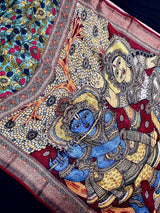 Teal Blue Pure Linen saree in pure linen by linen with radha-krishna pallu with zari border — Kaash Collection