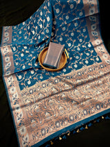 Teal Blue Semi Banarasi Silk Saree with Copper Zari | Floral Pattern Jaal in Copper and Sliver Zari | Silk Sarees - Kaash
